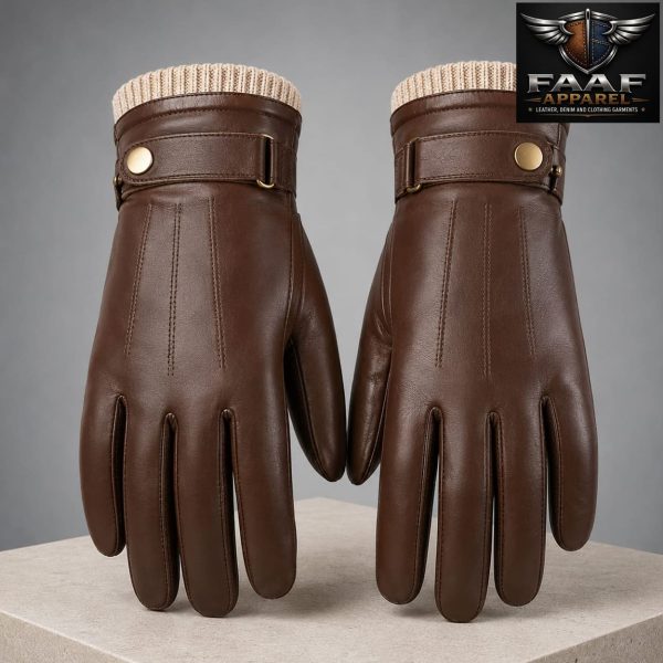 Winter Leather Gloves for Men, Touchscreen Snap Closure Cycling Brown Gloves Outdoor Riding Warm Waterproof Gloves