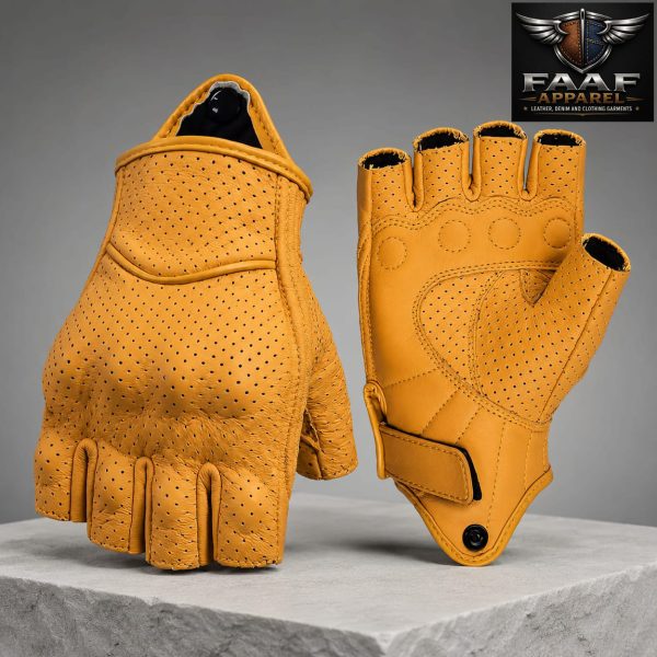 Classic Vintage Perforation Leather Motorcycle Gloves Half Finger Protected Moto Motocross Racing Glove Fingerless Summer Yellow (Yellow-Hole, Large)