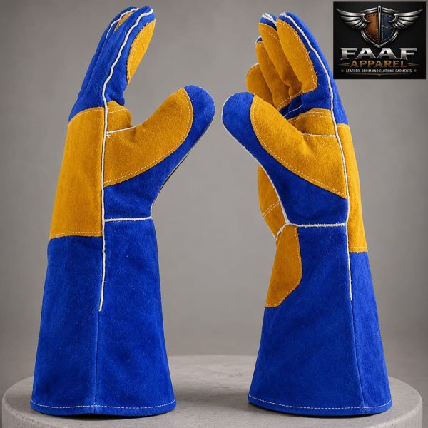 Blue Cow Split Leather Welding Gloves Leather Gloves for Mechanical Work, Maintenance, Industry Manufacturing, Gardening