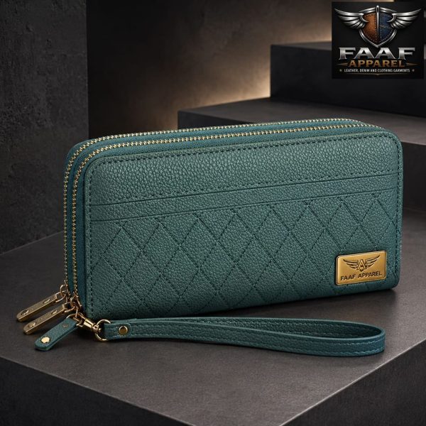 Stylish Double Zipper Long PU Leather Wallet for Women and Girls, Luxury PU Leather Long Form Wallet for Women and Girls (Dark Green)