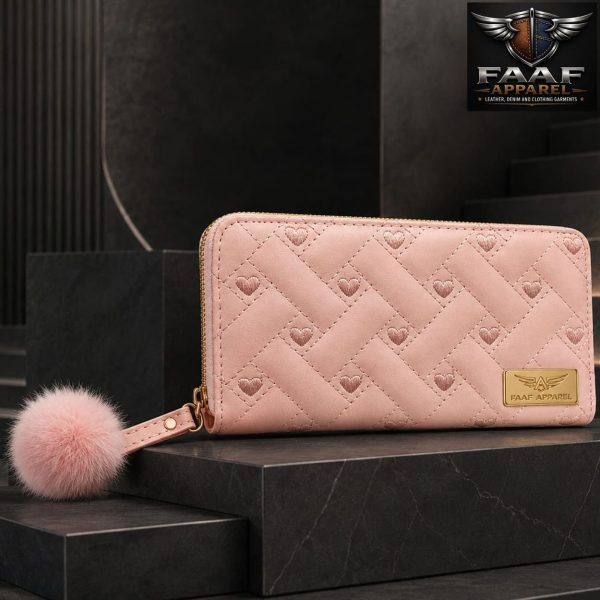 Stylish PU Leather Long Wallets for Women Card Holder Single Zipper Clutch Purses Heart Embroidery Money Bag Wallet For Girls,